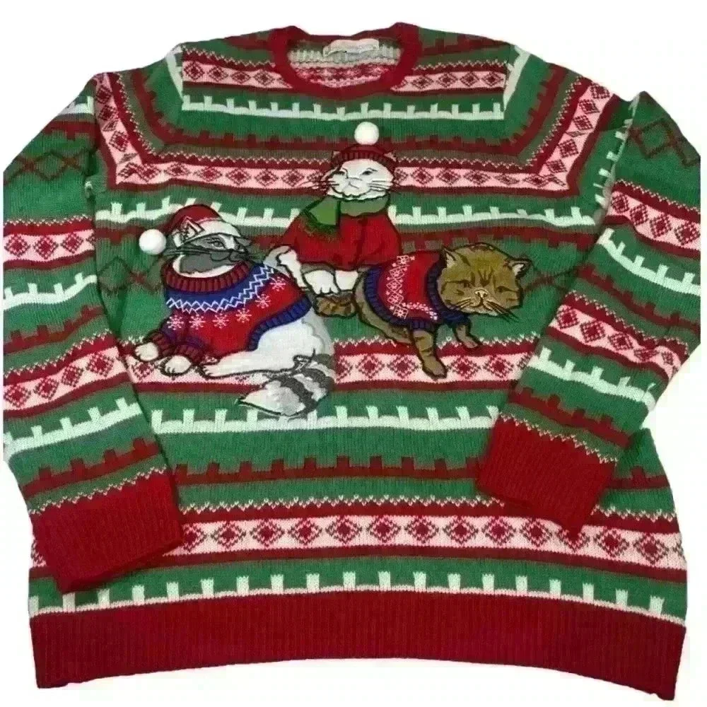 Jolly Ugly christmas embroidered Cat sweater Women’s Large Green Red Color - Picture 1 of 7